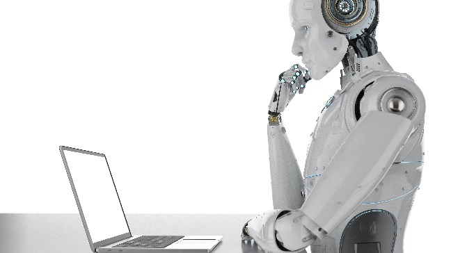 3d,Rendering,Humanoid,Robot,Working,On,Laptop,Computer