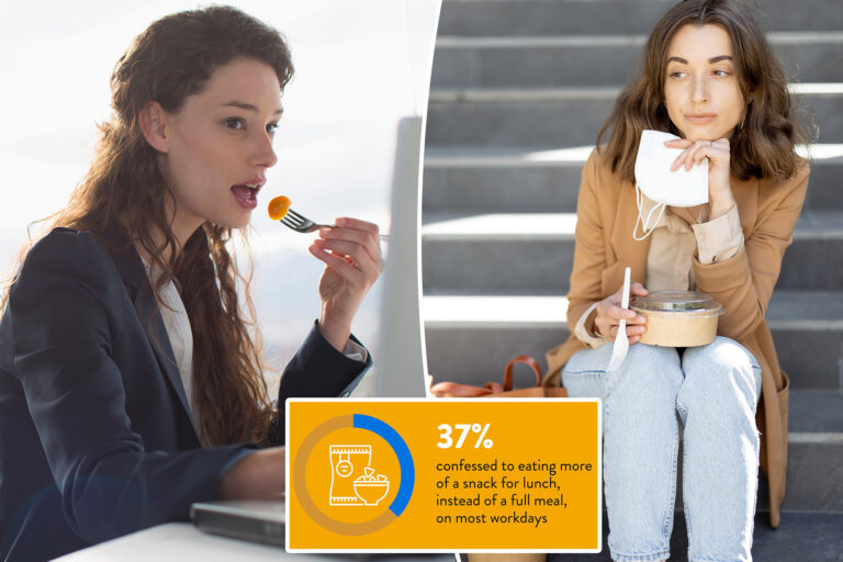 Businesswoman eating lunch and working at laptop in office