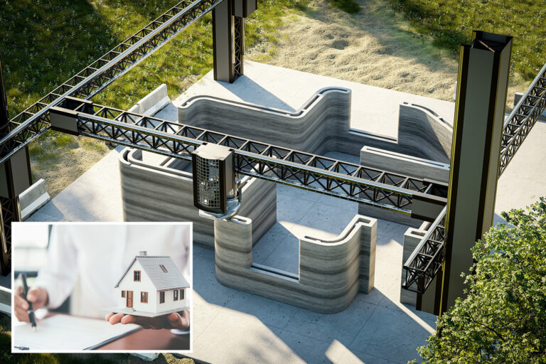 3d printing single-family house with concrete. New technology house building using a modern CNC machine