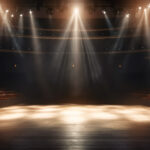Empty stage of the theater, lit by spotlights before the performance. Red round podium on bright background. Empty pedestal for award ceremony. Platform illuminated by spotlights. Generative AI