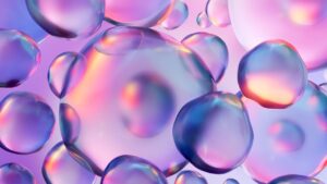 Multicolored chemical 3D molecules, bubbles, drops on blue, purple background.
