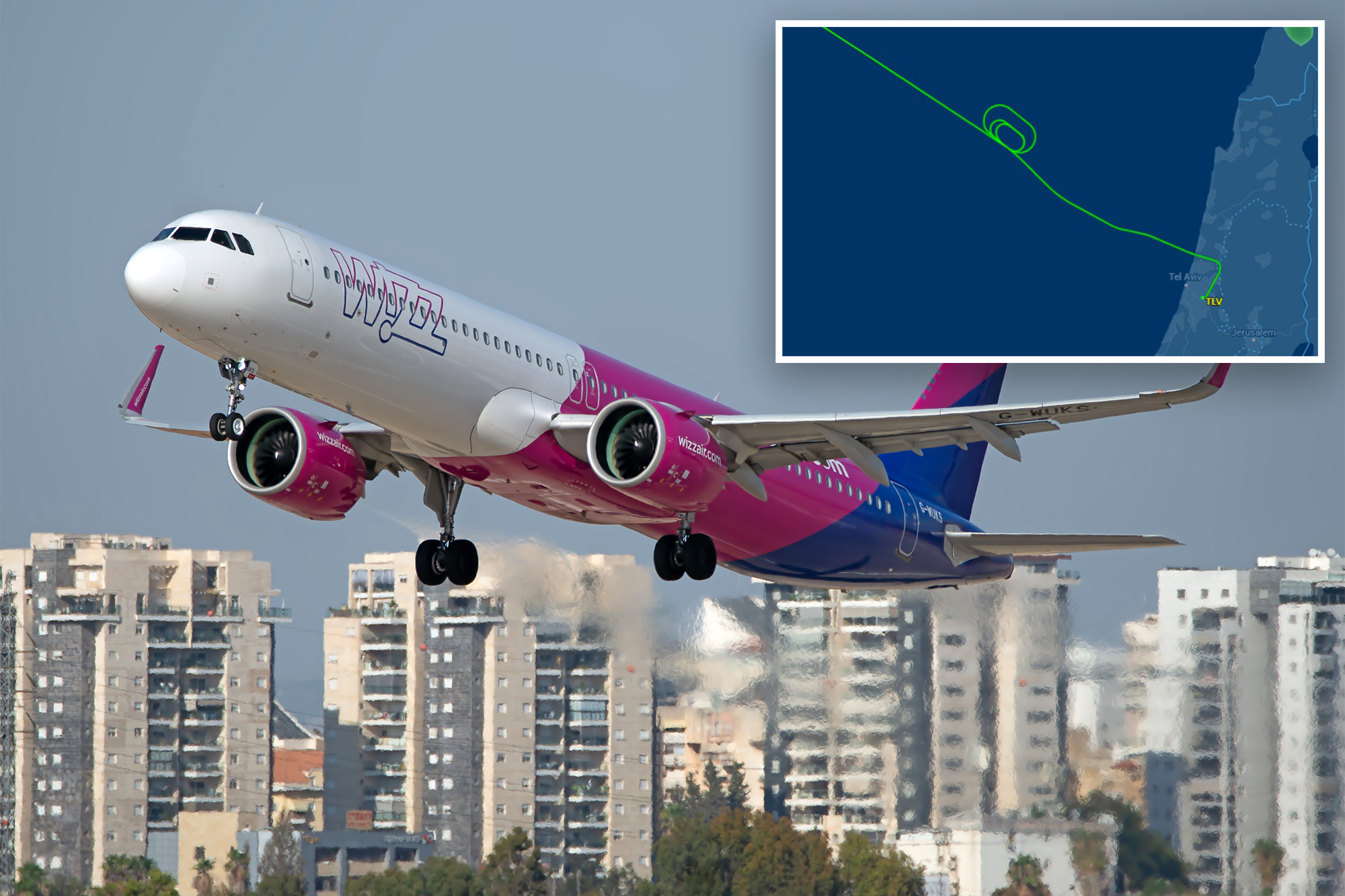 Ben Gurion Airport, Israel â 2025.09.27: Wizz Air Airbus A321neo G-WUKS taking off over Gush Dan buildings